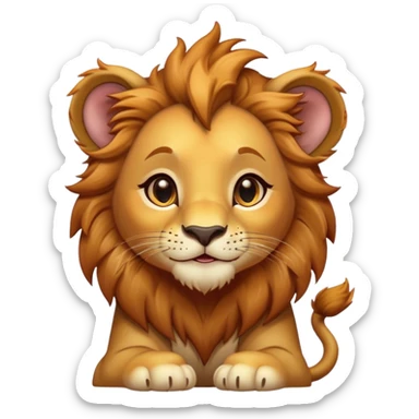 Cinematic Cute Lion Cub Portrait Emoji, Head tilted playfully and inquisitively, featuring a glossy tawny Fur with a lush mane and round, sparkling amber eyes filled with curious mischief, Simplified yet irresistibly adorable features, highly detailed, glowing with a warm, friendly glow, high shine, affectionate and spirited, stylized with a touch of jungle whimsy, bright and endearing, soft glowing outline, capturing the essence of a mischievous yet loving Lion Cub, so playful it feels like it could pounce out of the screen and into your arms! sticker