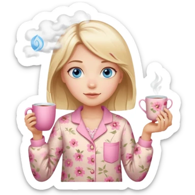 Blue eyed girl with middle length blond hair in floral beige pijamas is holding a pink cup of tea sticker