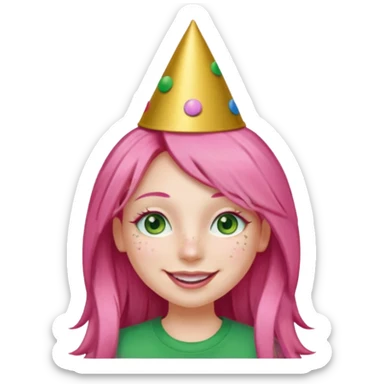 Create a girl with long pink hair and green eyes with long eyelashes and a smiley face. She has freckles in her face and a lit of bit of pink lipstick on her mouth, she’s also got gold birthday party hat on her head with gold pom poms on top of it, and her T-shirt is all red sticker