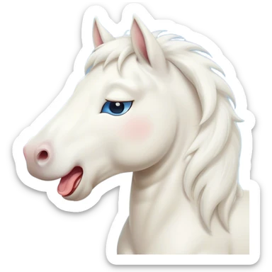Cinematic Cute Yawning White Horse Portrait Emoji, Head tilted slightly with a dramatic, wide-open yawn, revealing a soft white fur with a subtle shimmer, floppy ears slightly drooping, round blue eyes barely open in drowsy contentment, Simplified yet irresistibly adorable features, highly detailed, glowing with a soft, cozy glow, high shine, relaxed yet expressive, stylized with a touch of whimsy, bright and endearing, soft glowing outline, capturing the essence of a sleepy yet affectionate horse, so drowsy it feels like it could stretch out of the screen and curl up for a nap! sticker