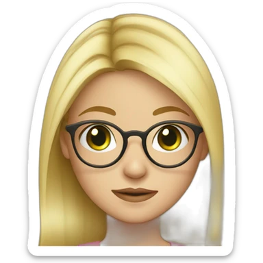 young blonde girl with glasses, round face, picky nose, green eyes sticker