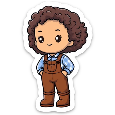 white girl with very curly dark brown hair, brown eyes, wearing farm clothes sticker