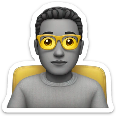 White man with yellow tinted glasses and black hair in a gray jumper and sitting on a chair sticker