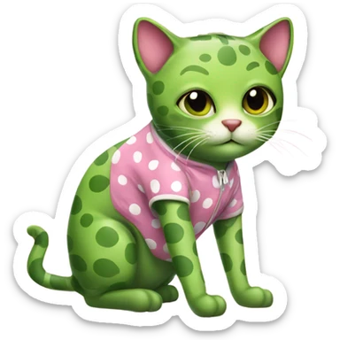 Green cat wearing a pink polka dot frog onesie  sticker