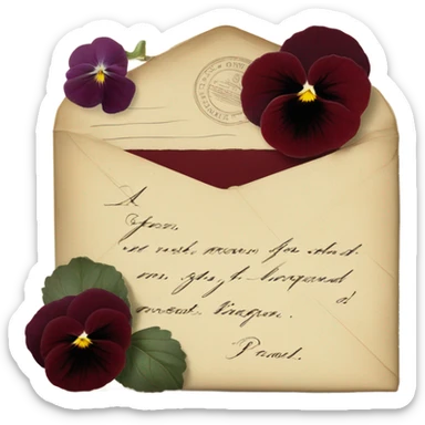 A vintage love letter with deep red pansies and a burgundy wax-sealed envelope
 sticker