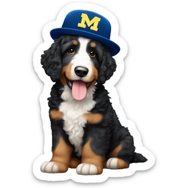 Bernedoodle wearing a Michigan hat sticker