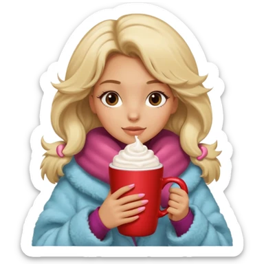 Tanned Girl with lashes , blonde hair, in an extremely big fluffy oversized coat and hold hot chocolate drink sticker