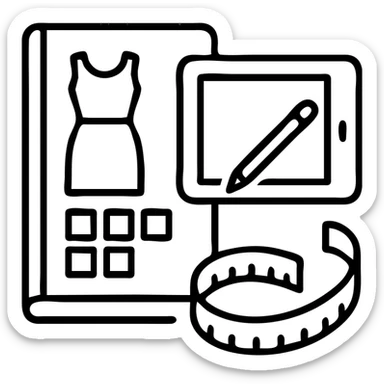 Minimalist vector icon representing fashion design management: an overhead view of a stylized open tech pack document showing a garment sketch, alongside a color swatch grid, a digital tablet with a pen, and a measuring tape curved into the shape of a semicircle. Use clean lines, soft neutral tones with one pop of color (like coral or teal), and geometric shapes. The icon should convey precision, creativity, and fashion process in a modern, professional style. Designed to be easily recognizable at small sizes. Yellow & black theme sticker
