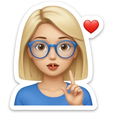 Asthectic Blonde women with brown eyes, blue glasses, waering a brown top, blowing a kiss with a small heart around her. sticker