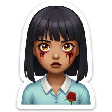 Garota zumbi com cabelos pretos lisos com franja (tipo esse emoji 🧟‍♀️) com olhos castanhos escuros  sticker