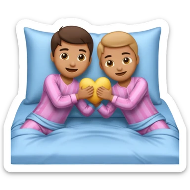 cute emoji couple in pajamas, playfully hitting each other with pillows on a bed with smooth silk sheets sticker