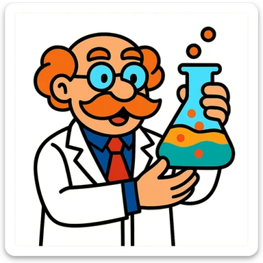 cartoon scientist with big mustache, holding a flask with colorful liquid sticker