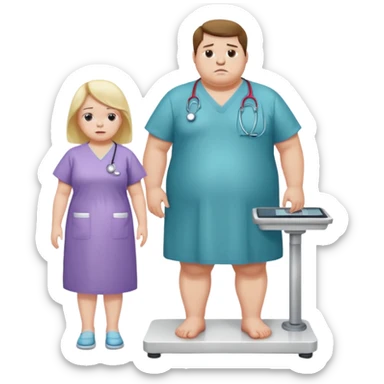 pessoa gorda em cima de balança e medico do lado sticker