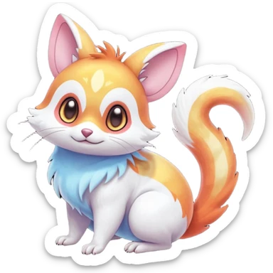 Shiny iridescent light warmly colored reddish-orange-gold-gradients neon vibrant bioluminescent colorful pastel flourishing flurry fuzzy Absol-Minccino-Furret-Zangoose-Chinchilla-Stitch-fusion-animal-Fakémon-hybrid-creature  sticker