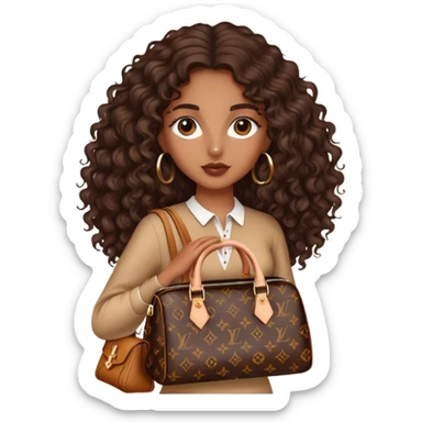 Brown girl with long dark brown long curly hair carrying h Louis Vuitton bag sticker