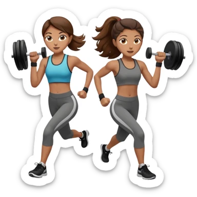 two women, one running and one lifting weights. brown hair, olive skin, hazel eyes. sticker