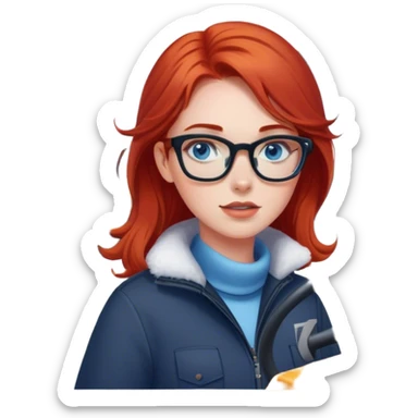 lady with shoulder length red hair, blue eyes and glasses inside a big Snowplow sticker