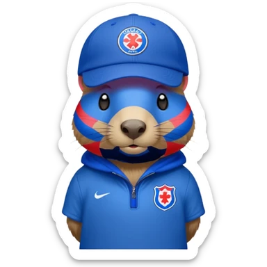 Capibara with a cruz azul soccer logo in a cap sticker