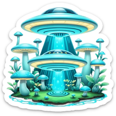 extraterrestrial futuristic otherworldly cyan bioluminescent neon-glowing aesthetic scenery flying saucers UFOs mushroom floating flying hovering object sticker