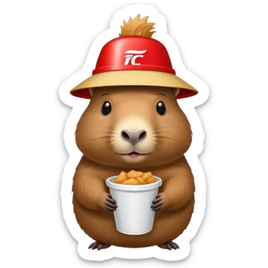 Capybara wearing a tiny KFC bucket as a hat on its head sticker