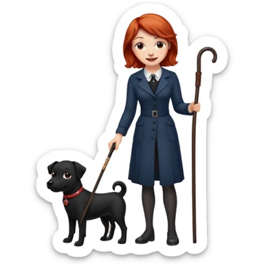 Red headed woman with a cane and a black dog sticker
