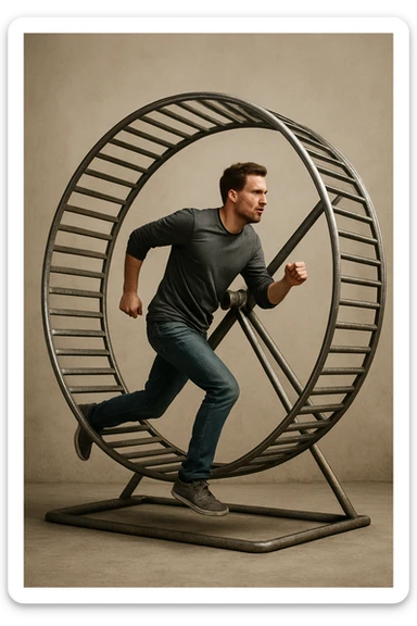 uomo che corre dentro la ruota del criceto come un circolo vizioso immagine realistica sticker