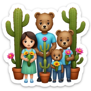 4 bears, mom & dad, boy and girl, with flowers and a cactus  sticker