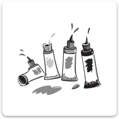 Art paint tubes with different colors squeezed out in pastel colors (dd9fb0, ffc6d3, a3bfc9, c4bee2, f1b091), hand-drawn doodle style sticker