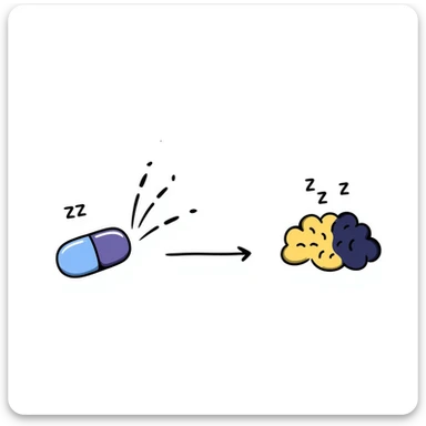 Hand-drawn sedative medication concept: blue pill releasing purple calming waves toward a yellow brain that's gradually turning dark blue (sleeping). Small ZZZ sleep icons floating above. Simple diagram with arrows showing sedative pathway from pill to sleep state. sticker