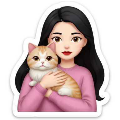 Beautiful Girl Long Hair black, Brows Big , Skin White, Sweater Pale Pink , Big Red Lips, Eyes marron , Hug Little baby Persa Cream Cat With Cute Eyes sticker
