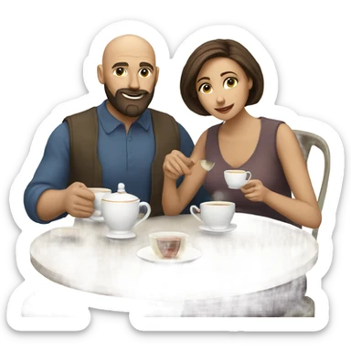 Bald man with beard and brown haired woman having a tea Time  sticker