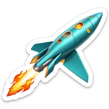 robotic teal spaceship launching to the right with rocket flames sticker