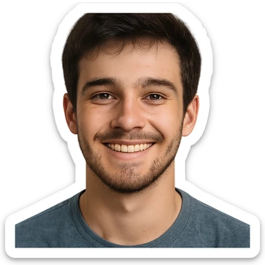 19-year-old boy with light beard and lightly grown mustache, happy expression, portrait, detailed, realistic sticker