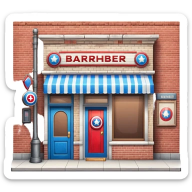 barbershop exterior with secret superhero lair hidden inside, barber pole, secret entrance sticker