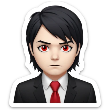 Gerard Way (Revenge Era)
Round, simplified emoji style
Pale skin tone
Jet-black, shoulder-length hair messy and emo
Heavy eyeliner and slight red shadow under the eyes
Subtle serious
Hint of red tie visible on black button up shirt.
Transparent background. Black eyeliner. Messy emo hair sticker