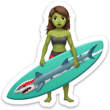 orc female holds a little surfboard with a shark painted vertically in his hands sticker