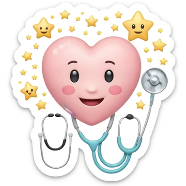 Cute pastel emoji of a smiling heart wearing a stethoscope like a hug, tiny brain inside, little sparkle star, soft glow, rounded edges, cozy and aesthetic. sticker