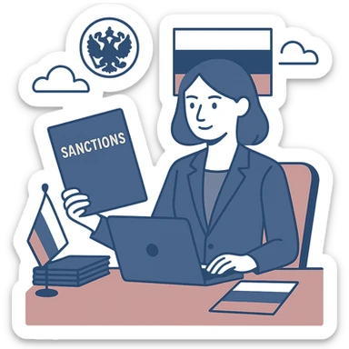 Russian Ministry of Finance employee dealing with sanctions, cool tones, professional attire, calm expression, organized office setting, Russian motifs sticker