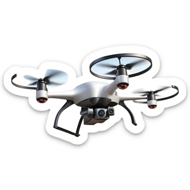 An icon showing a racing quadcopter drone in the foreground, flying at high speed through a course filled with obstacles and checkpoints. Other drones zoom in the background over a dynamic landscape. Transparent background highlights the thrill and precision of drone racing. sticker