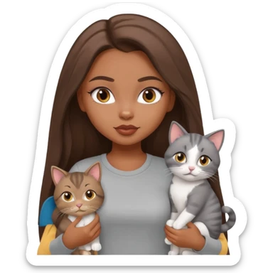 a pretty bratz dusky girl with long brown hair with four cats nd wearing a grey tshirt sticker