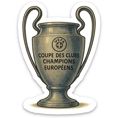 Add the UEFA logo and the text 'COUPE DES CLUBS CHAMPIONS EUROPÉENS' to the trophy, keeping the style detailed and elegant. sticker