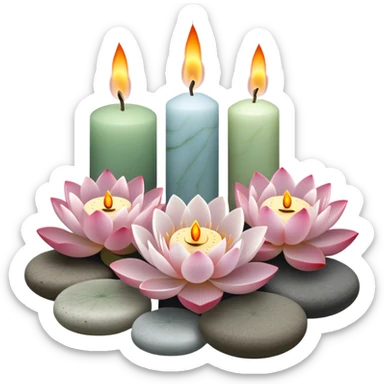 A photorealistic icon featuring lotus flowers, burning incense sticks with smoke rising, smooth round sea stones, and multiple small round candles arranged in a calming, tranquil setting. Soft, peaceful colors with detailed textures that evoke mindfulness and inner peace. Transparent background sticker