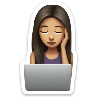 Sad straight hair brunette at a laptop with headache sticker