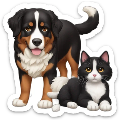 Bernese dog next to A brown and black cat without white sticker