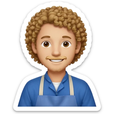 man with curly hair in blue apron sticker