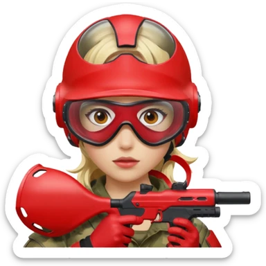blond girl playing paintball with red paintball helmet with eye protection, only face sticker