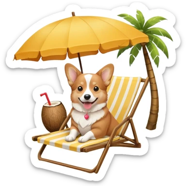 a corgi dog laied on a beach chair, a sunny beach, a sun umbrella, and beach coconut trees. the icon should capture the essence of a relaxing beach vacation with a carefree atmosphere sticker