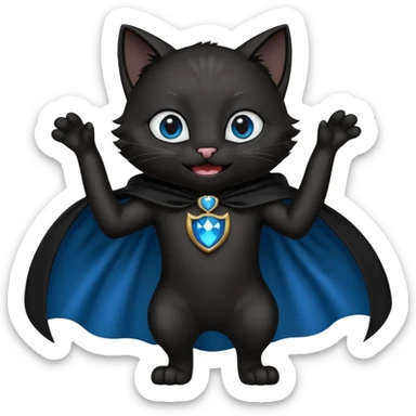 an all black anthropomorphic cat with blue eyes wears an all black cape and is smiling a mischievous sharp tooth grin sticker