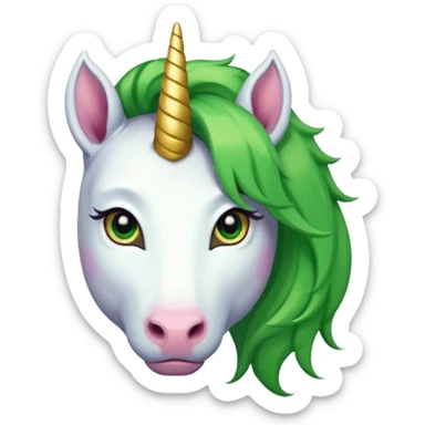 unicorn with green hair and earrings looking into camera sticker