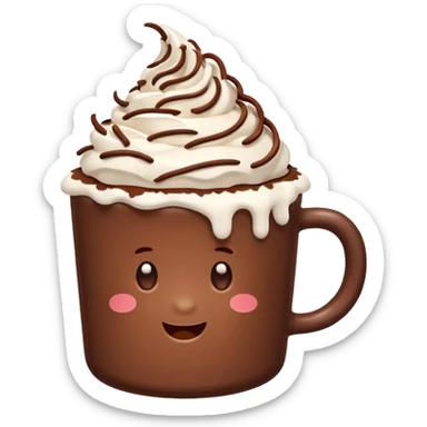 “hot chocolate emoji, whipped cream on top, chocolate shavings, cute, minimal, white background” sticker